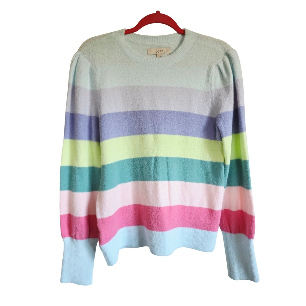 LOFT Ann Taylor L Pastel Stripe Fuzzy Rainbow Sweater Crew Neck Long Sleeve Soft